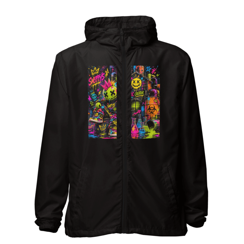 Black coach jacket carrying the neon Toxic Creator Riot print — mohawk misfit, biohazard barrels, and factory neon
