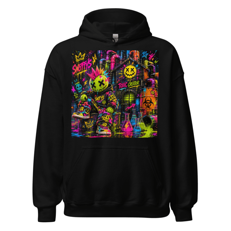 Black hoodie with the Toxic Creator Riot print — a rainbow-mohawk XX-eyed misfit outside the neon Drip Factory with biohazard barrels and flasks