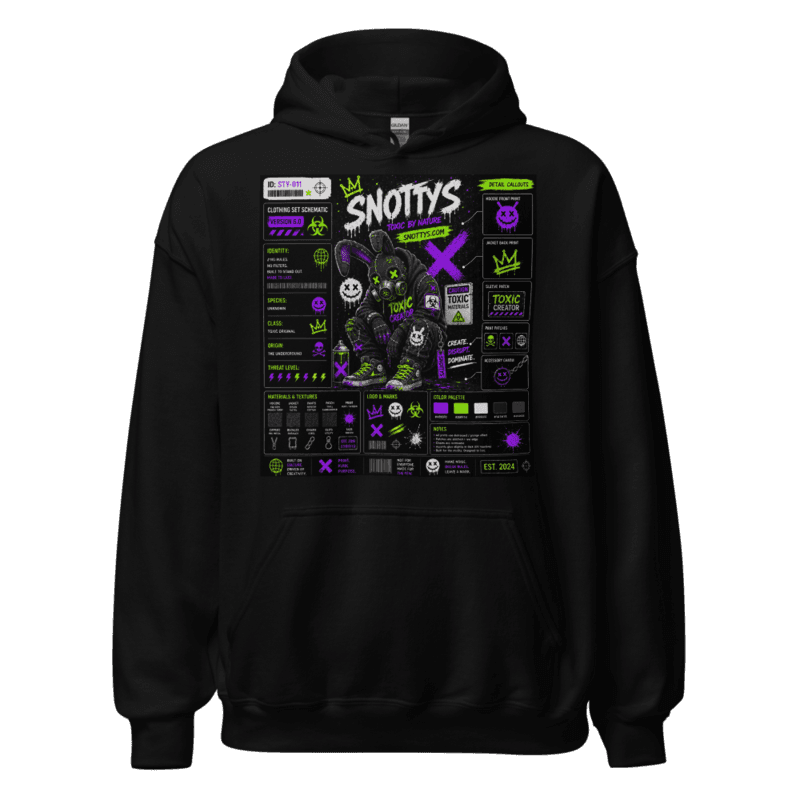 Black hoodie printed with a purple Snotty's clothing-set schematic — a crouching stitched bunny with full detail callouts