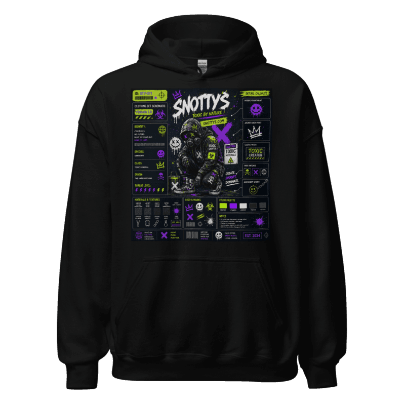 Black hoodie printed with a lime-and-purple Snotty's clothing-set schematic — a hooded gas-mask figure with full detail callouts
