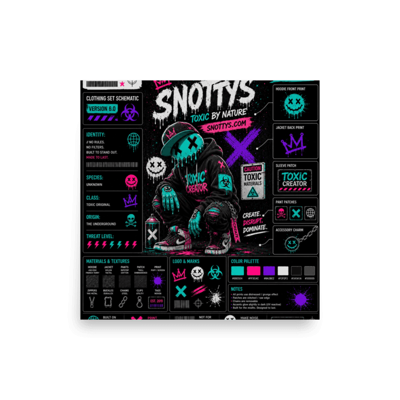 Matte wall poster of a cyan-and-pink Snotty's clothing-set schematic — a capped drip figure with detail callouts