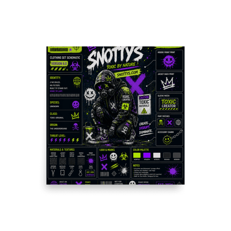 Matte wall poster of a lime-and-purple Snotty's clothing-set schematic — a hooded gas-mask figure with detail callouts