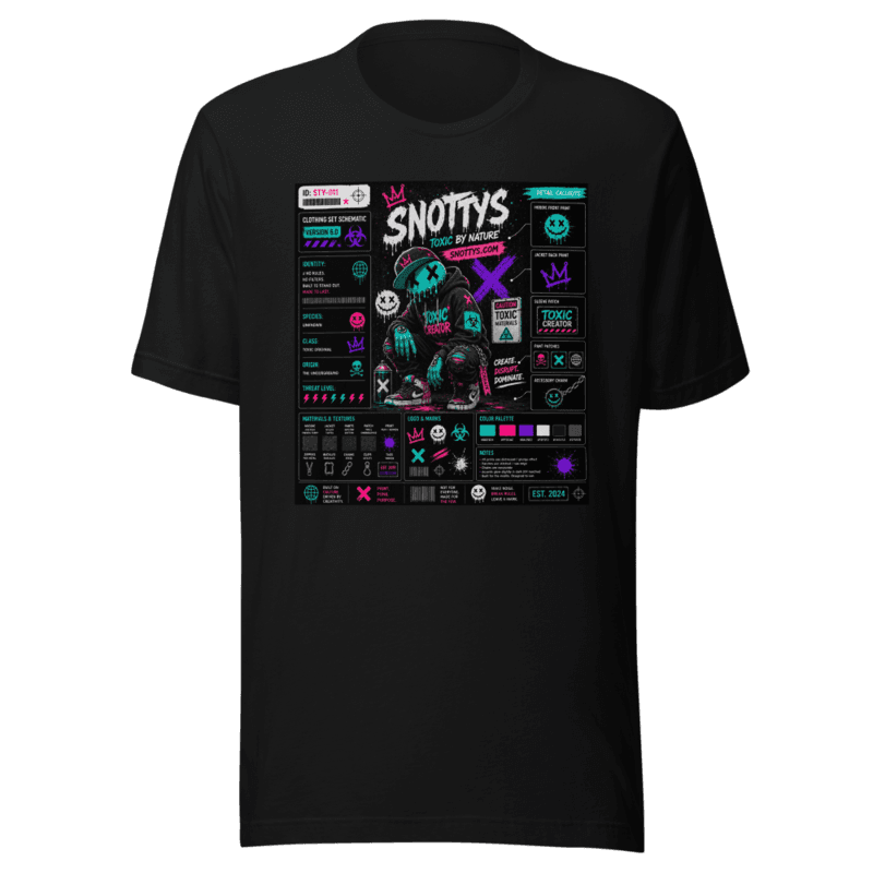 Black tee printed with a cyan-and-pink Snotty's clothing-set schematic — a capped drip figure with detail callouts