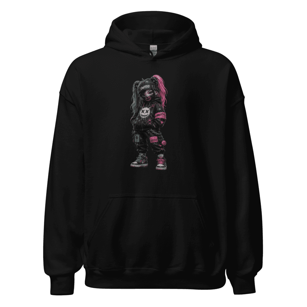 Black hoodie printed with a pink-and-teal-haired punk kid in a SNOTTY'S cap and bandana mask