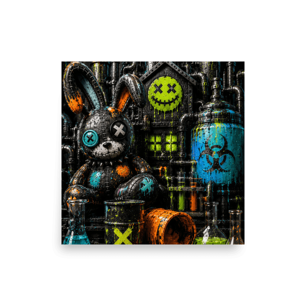 Matte square poster of the photoreal teal-and-orange vat room scene with stitched bunny and biohazard tank