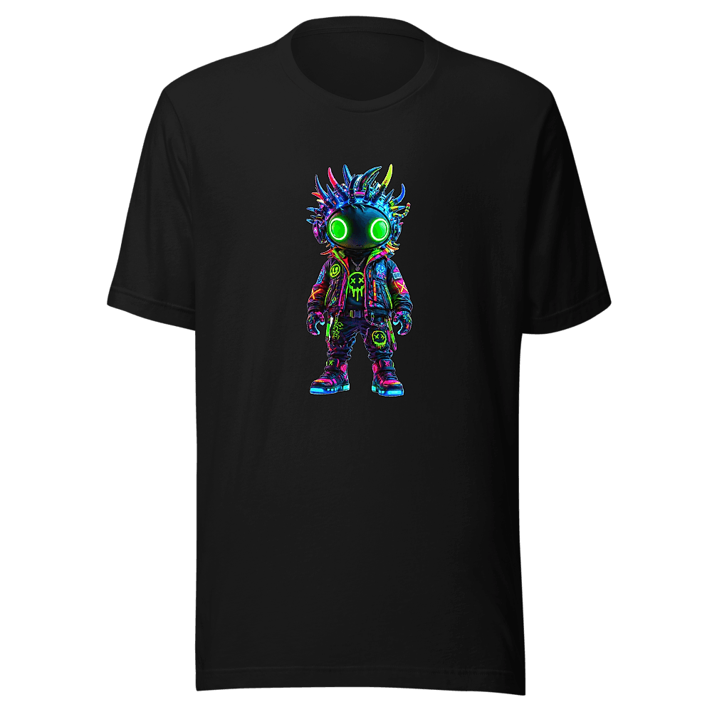 Black tee printed with Volt — a black orb-headed figure with glowing green eyes and a crown of neon quills