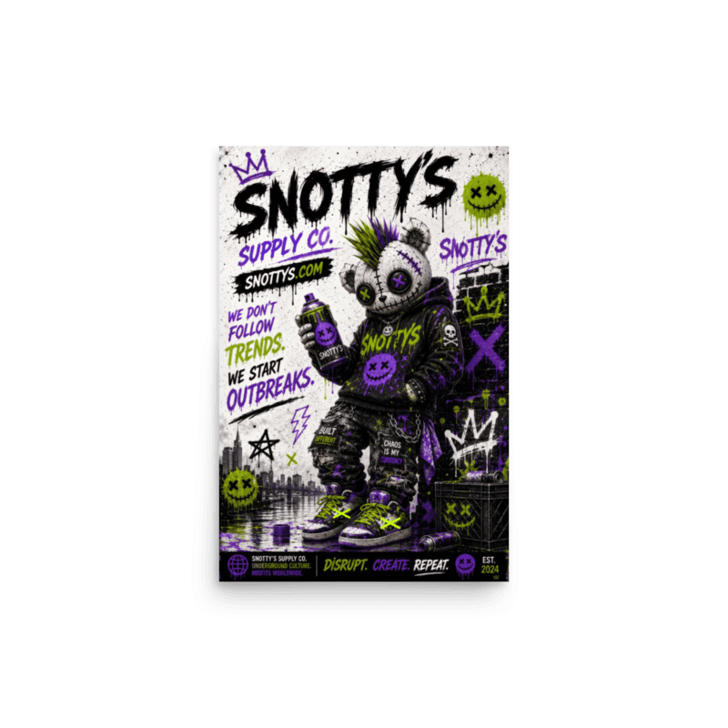 Matte 12×18 poster of the purple-and-lime mohawk teddy against a graffiti brick wall